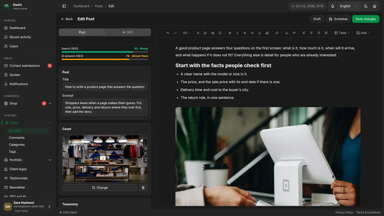 The same article open in the control panel's editor
