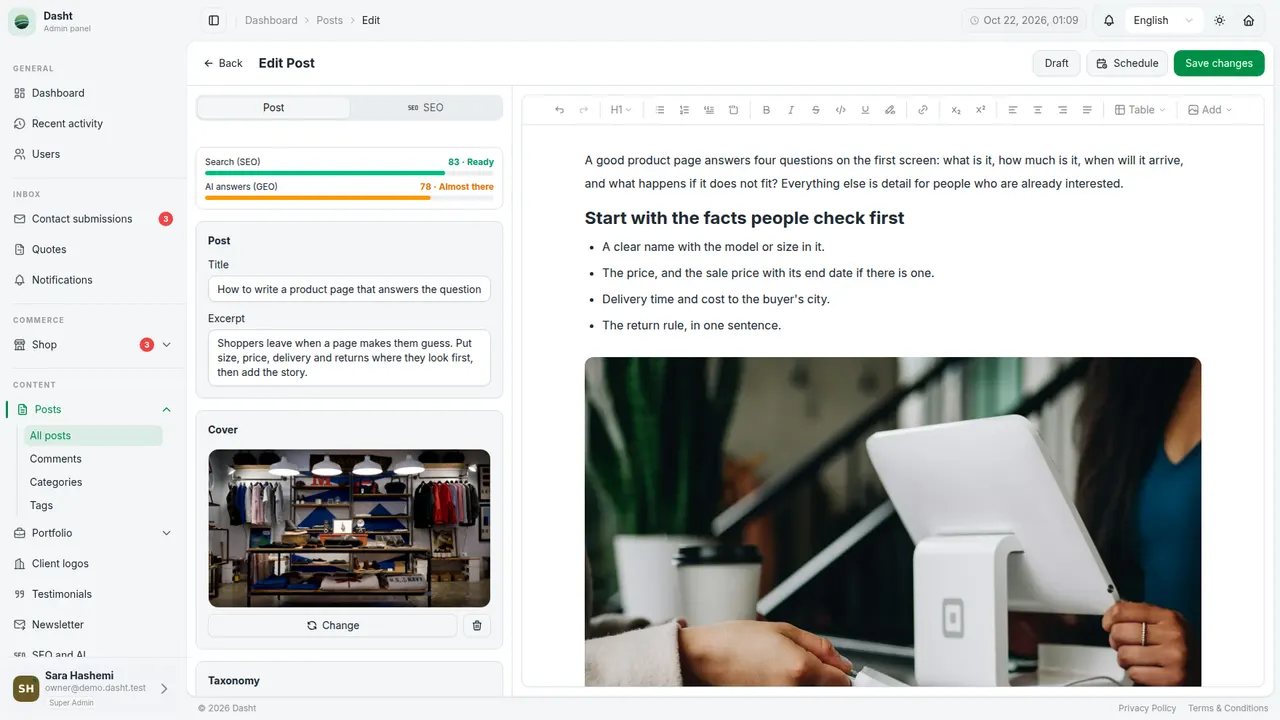 The same article open in the control panel's editor