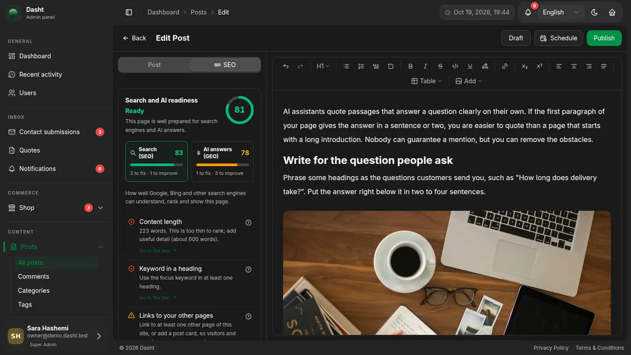 The readiness score in the post editor
