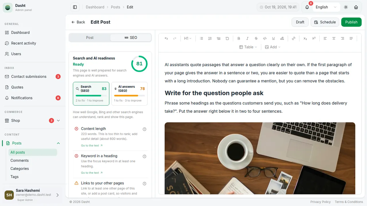 The readiness score in the post editor