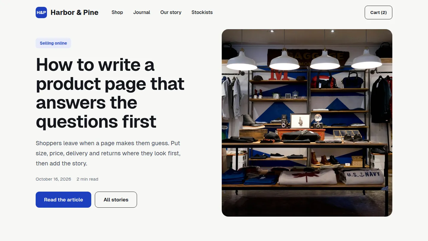 A boutique's website showing the article "How to write a product page that answers the questions first"